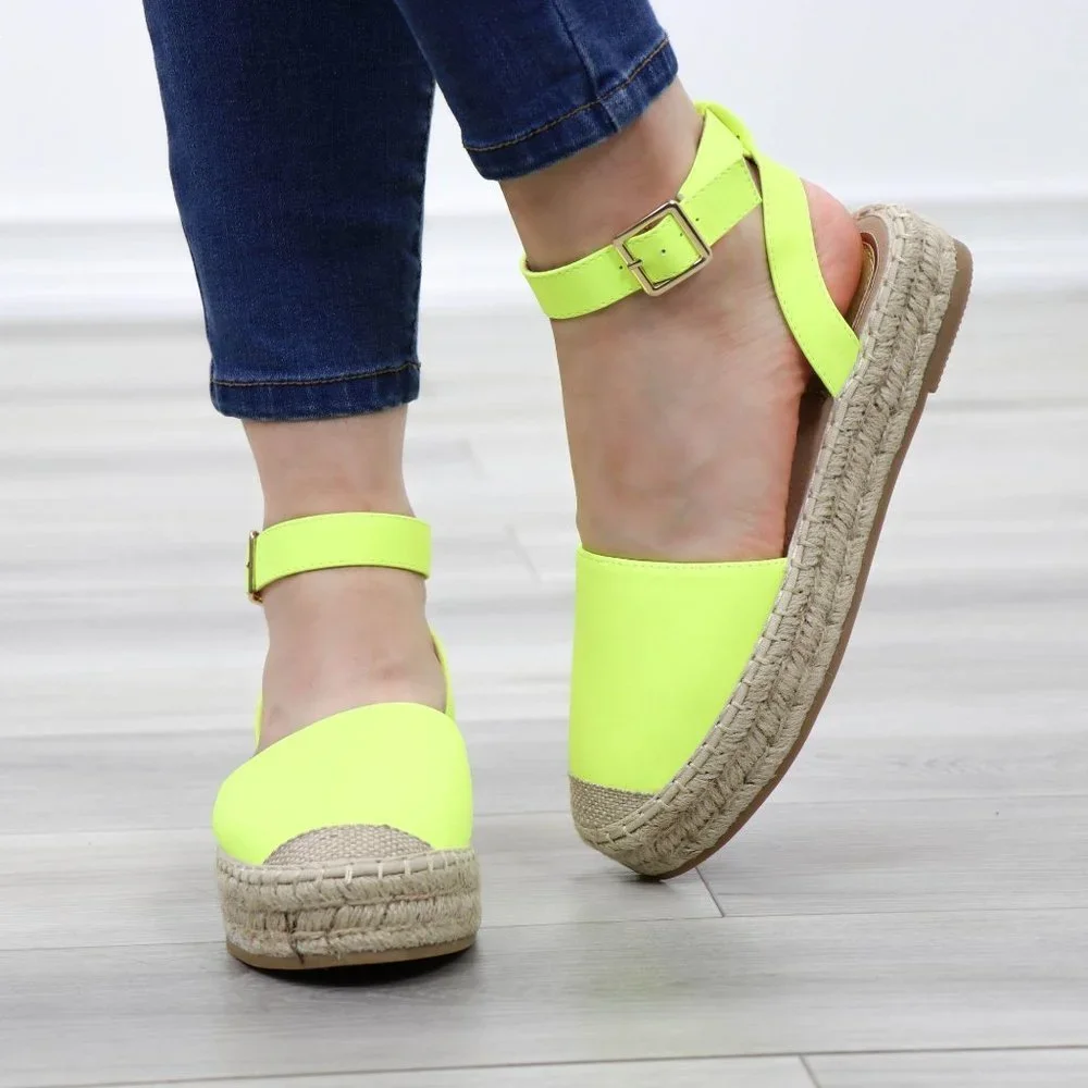 Neon Yellow Espadrille Ankle-Strap Sandals